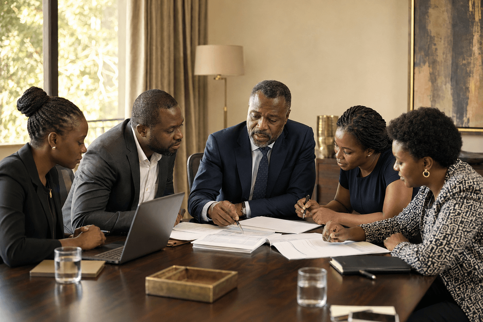 Finance and governance adviser reviewing organisational documents with an NGO leadership team.