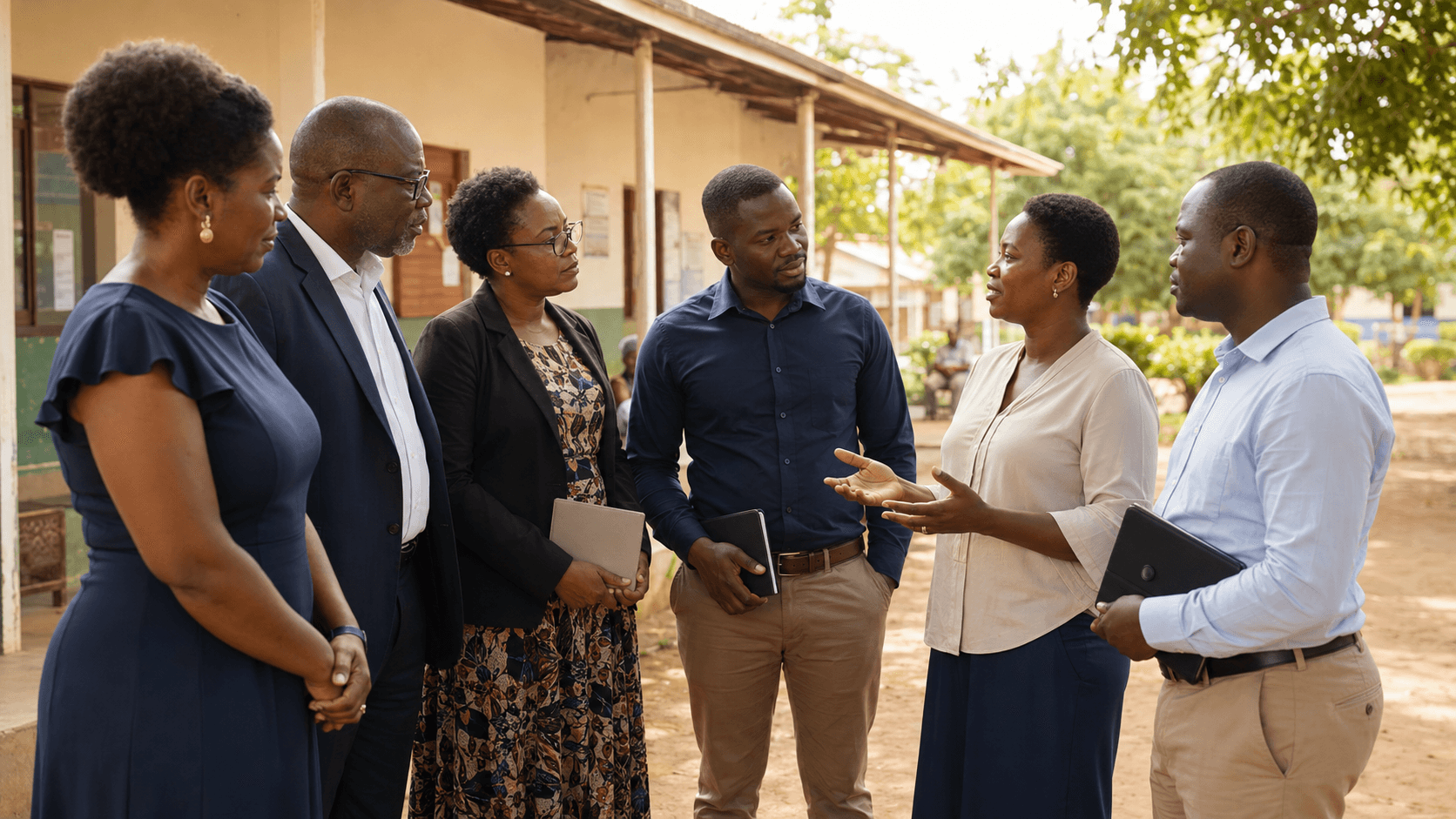 Non-profit leaders and programme coordinators discussing operations during a community programme visit.
