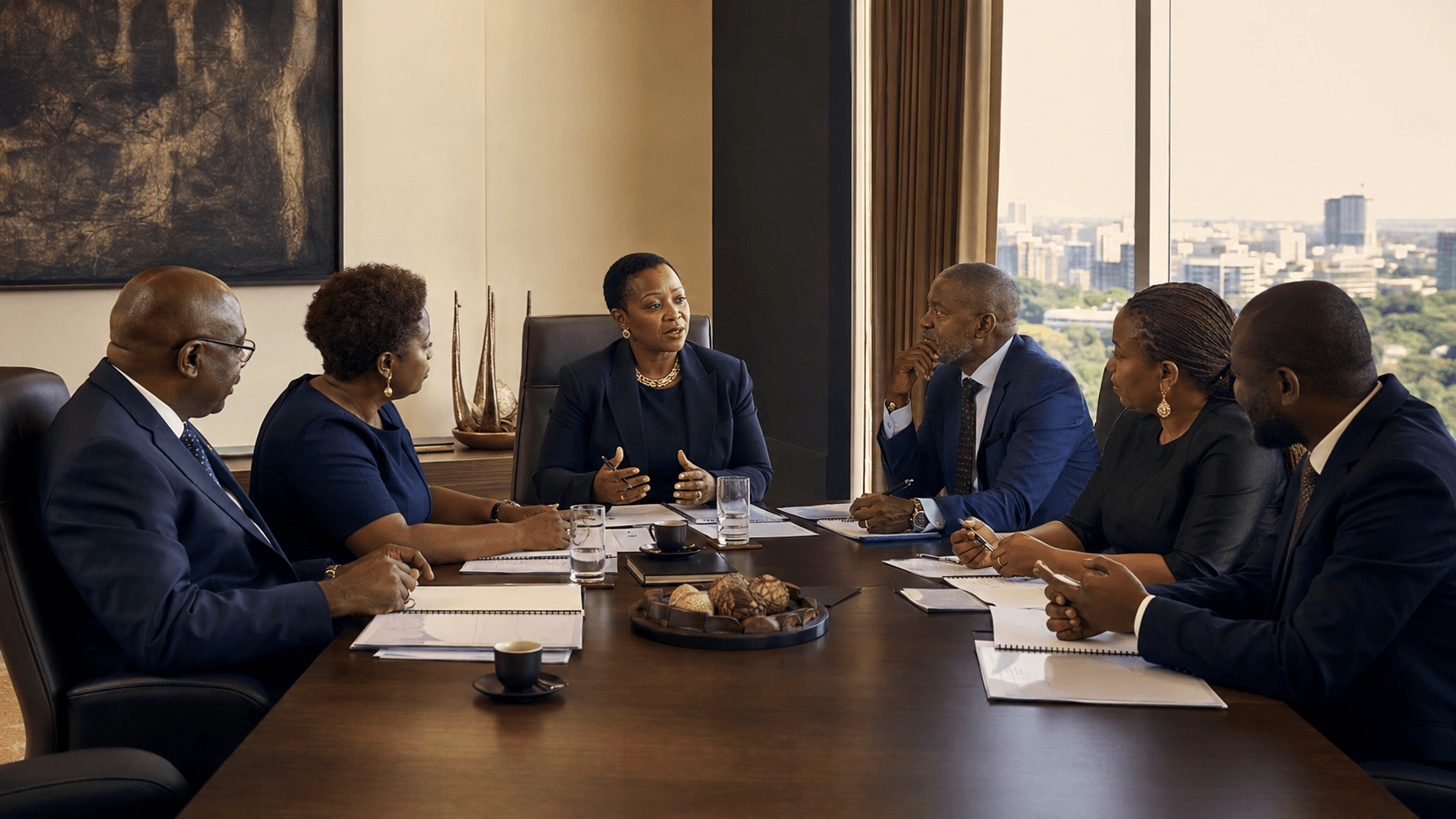 Board members discussing governance and organisational oversight in a formal meeting.