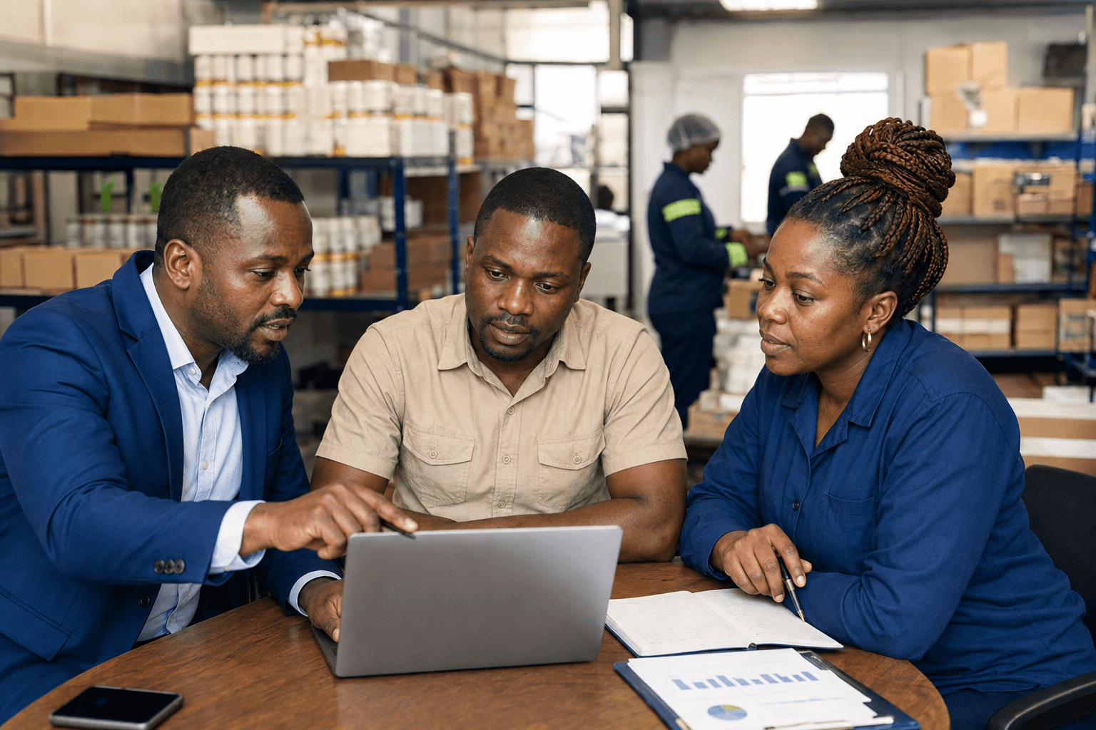 Financial adviser reviewing business information with an SME owner and operations manager.
